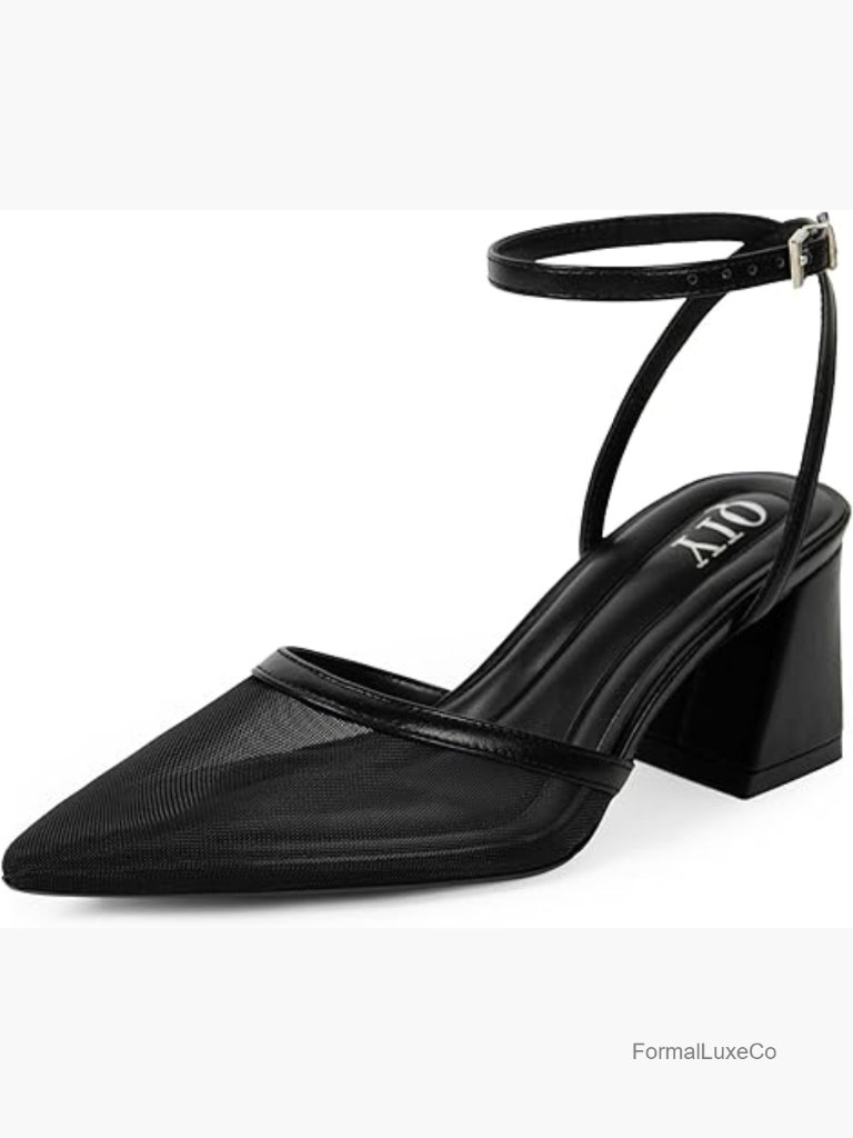Ankle Strap Pointed Toe Chunky Low Heels Pumps Wedding Dress Shoes